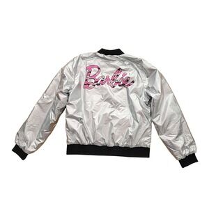 Kids Barbie Bomber Jacket‎ Silver Pink Camo "Wake Up Chase Dreams" Size 10/12